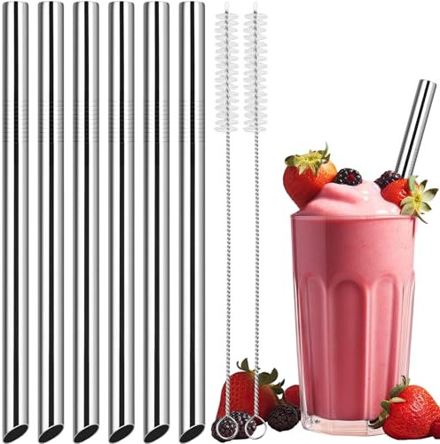 NiHome 6er-Pack Wiederverwendbare Edelstahl Strohhalme, Extra Breite 1,3 cm und 26,7 cm Lang, Trinkhalme für Smoothies, Milchshakes, Boba, inkl. 2 Reinigungsbürsten, Spülmaschinenfest(Silber)