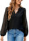 Atxnn Womens Blouse Lace Long Sleeve Tops V-Neck Elegant Shirt Casual Chiffon T-Shirt Loose Solid Color Chic Cuffs Tunic Top for Autumn Spring, Black L