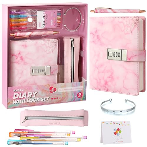 WeiAlico Secret Diary with Lock for Girls Ages 8-12, Ready-to-Gift Journal Set with Combination Lock, 256 Pages, Pen Pouch, Gel Pens & Bracelet, Cute Birthday Christmas Gift for Tween Girls( Pink Marble)