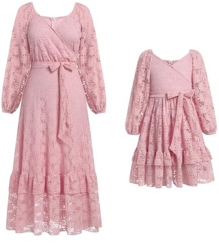 IBAKOM Mutter Tochter Matching Kleid Mama und ich Kleider Langarm Freizeitkleid Boho Strandkleid Kleid Herbst Winter Frauen Mädchen Passendes Kleid Familie Passendes Outfit rosa 5-6 Jahre