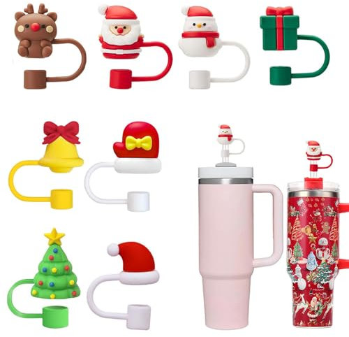 Lot de 8 accessoires de paille pour Stanley Cup, 10 mm, anti-fuite, matériau en silicone anti-poussière, couvercle de paille de Noël, en silicone pour gobelets Stanley