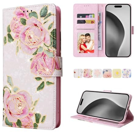 BEENTRYS Leather Wallet Case for iPhone 12 Pro Max,Floral Flower Card Slots Kickstand RFID Blocking Magnetic Folio Women Girls PU Shockproof Flip Cover for iPhone 12 Pro Max-RoseFlower