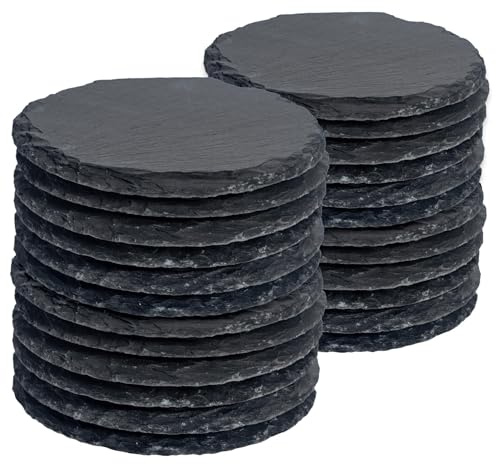 Argon Tableware Round Slate Coasters - 10cm - 24 Piece Drink Coasters Black Stone Natural Slate Drink Mat Cup Mats for Kitchen, Bar, Restaurant, Weddings, Events