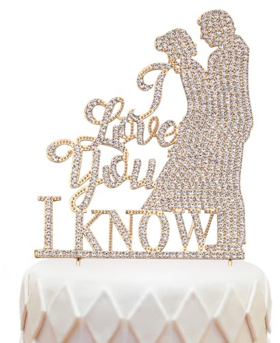 Wedding Cake Topper, Metal Mr and Mrs Engagement Rhinestone Cupcake Topper Engaged I Know Love You Topper for Cake Bride and Groom Wedding Anniversary (Gold, Love You)