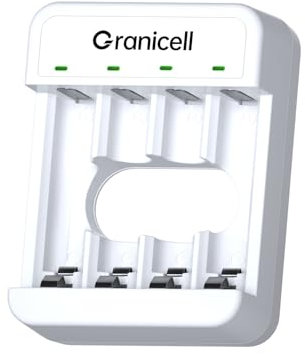 Granicell AA AAA Rechargeable Batteries with 4 Bay Battery Charger, USB Smart Battery Charger, Type-C Connector with LED Display, Individual Slots for Ni-MH/Ni-CD Rechargeable Batteries