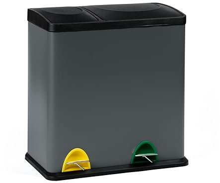 EVRE Recycling Bin, Rectangular 2 Compartment Section 36L Waste Seperation Sortation System with Non Slip Base, Odour Seal, Removable Inner Compartments and Colour Coded (Grey)