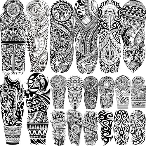 Lot de 20 feuilles de tatouages temporaires Maori à manches longues pour homme et femme - Faux tatouages autocollants - Étanche - Noir - Maori - À coller sur la peau - Festival