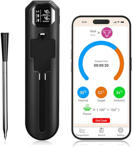 Charmofun Fleischthermometer Smarte, Bluetooth Grillthermometer mit App, IP67 Wasserdicht Bratenthermometer Kabellos, Lange Reichweite, Meat Grill Thermometer Digital für Küche BBQ Ofen