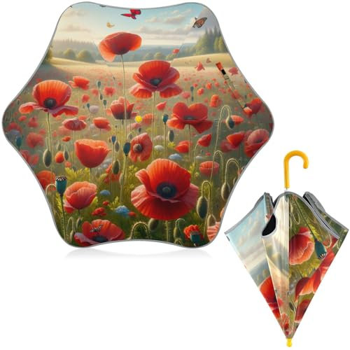 ODAWA Regenschirm mit Mohnblumen, klassischer Regenschirm mit Hakengriff, Kinderschirm, leicht zu öffnen und zu schließen