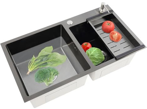 Fregadero de cocina independiente, 2 cuencos, fregadero de acero inoxidable, 78 x 43 x 22 cm, de acero inoxidable, con dispensador de jabón, juego de fregadero, cuenco doble comercial para cocinas