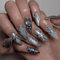Shimmerz 24 pièces Faux ongles en amande, taille moyenne, faux ongles étincelants avec motifs 3D, dégradé bleu, autocollants pour les ongles