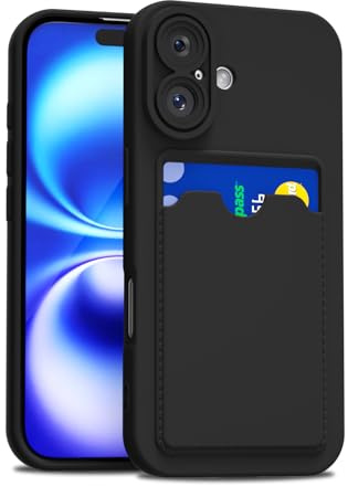 LoeoeL for iPhone 16 Case with Card Holder Slim, Thin Silicone Wallet Phone Case with Credit Card Slot for Women Men, Soft Rubber Gel TPU with Pocket Shockproof Camera Cover, Black
