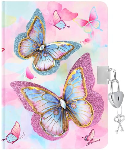 WERNNSAI Kinder-Tagebuch für Mädchen, Schmetterlingstagebuch – Kinder-Tagebuch mit Schloss und Schlüsseln, 3D-Schmetterlings-Einband, A5, liniertes Schreibnotizbuch für Kinder, geheimes Tagebuch