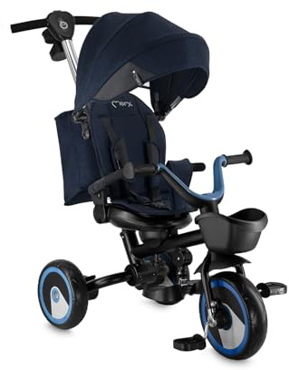 MoMi IVI Kinderdreirad, Tricycle mit 360 °-Sitz mit 3-Punkt-Sicherheitsgurt, Fußstütze, Sonnendach, PU-Räder, Schiebestange, abnehmbare Tasche und Transportkorb für Spielzeug