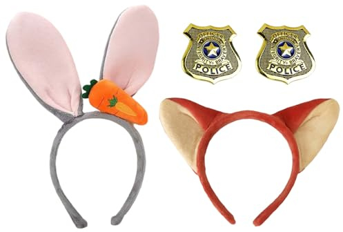 ZXTGBQ 4 Pièces Costume de Policier de Renard & Lapin Bandeau Oreilles de Lapin et Bandeau Oreilles de Renard Insigne de Police pour Halloween Carnaval Fête Cosplay