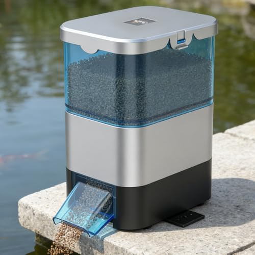 Pawfly Automatic Fish Feeder for Pond, 2.8 L Large Capacity Pond with Timer, Adjustable Auto Dispenser, Moisture-Proof Outdoor Koi Fish Feeder, Battery Powered (Not Included)