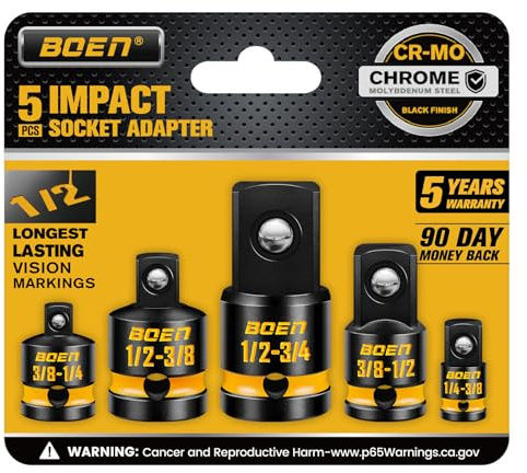 PRO 5-Piece Impact Socket Adapter & Reducer Set, 1/4 3/8 1/2 Drive Size Converters for Impact Wrenches, CR-MO Steel, Embossed and Painted Marking, ANSI Standards