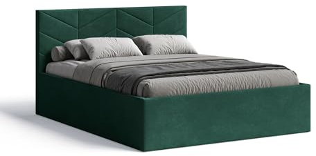 Meblofun Polsterbett Losange mit Kopfteil, 180x200 cm, Doppelbett mit Bettkasten und Lattenrost aus Holz, Velourstoff, Farbe: Grün