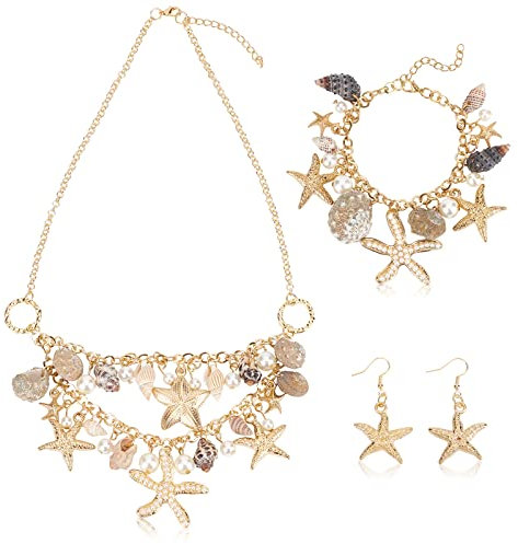 PH PandaHall Meerjungfrau Schmuck Set Muschel Seestern Mode Halskette Armband Ohrring Perle Kragen Chunky Halskette für Meerjungfrau Kostüm Damen Karneval Sommer Meer Foto Requisite Zubehör