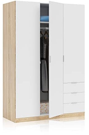Kleiderschrank mit drei Türen und drei Schubladen, Eichenfarbe und Artikweiß, Maße 121 x 180 x 52 cm