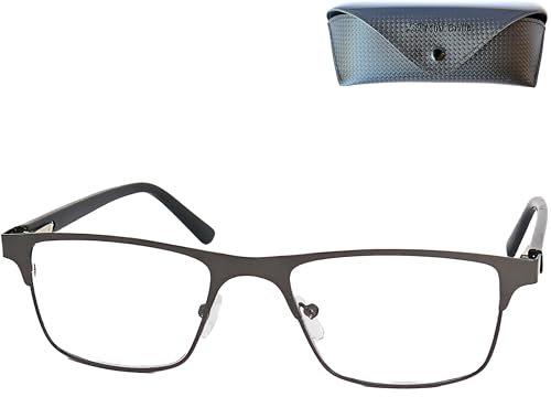 Metall Lesebrille mit rechteckigen Gläsern - mit Gratis Etui, Edelstahl Brillengestell (Graphit), Eckige Lesehilfe Herren und Damen +1.0 Dioptrien
