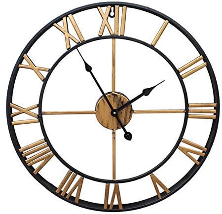 Optimal Products LARGE OUTDOOR GARDEN SKELETON WALL CLOCK BIG ROMAN NUMERALS GIANT OPEN FACE METAL 60CM BLACK (ROUND GOLD (OP378))