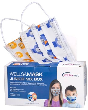 Wellsamed Wellsamask 50 Stück Mundschutz mit Gummizug, Small Size, Löwe & Hund Motiv, Mix Box