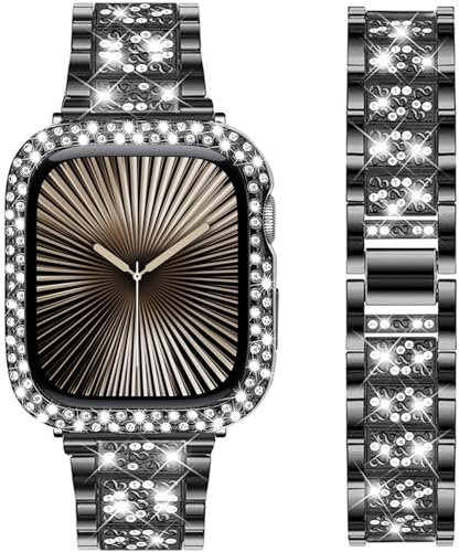 DEALELE Bracelets compatibles avec iWatch 40 mm 44 mm, bracelet en métal diamant strass avec coque de protection de rechange pour Apple Watch Series 6/5/4/SE pour homme et femme (44 mm, noir)