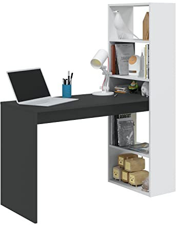 Habitdesign, Escritorio con Estanteria Reversible, Blanco Artik y Gris Antracita, Modelo Duplo, Medidas: 120 cm (Ancho) x 53 cm (Fondo) x 144 cm (Alto)