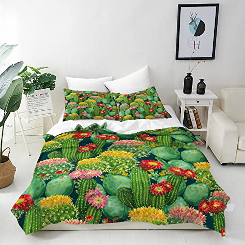 ANHOPE Bunte Pflanze Kaktus Blume Bettwäsche Set 3 Teilig Bettbezug 200x200 cm + 2 Kissenbezug 50x70 cm Weich Microfaser Bettbezüge mit Reißverschluss Ganzjahres Bettdeckenbezug Set
