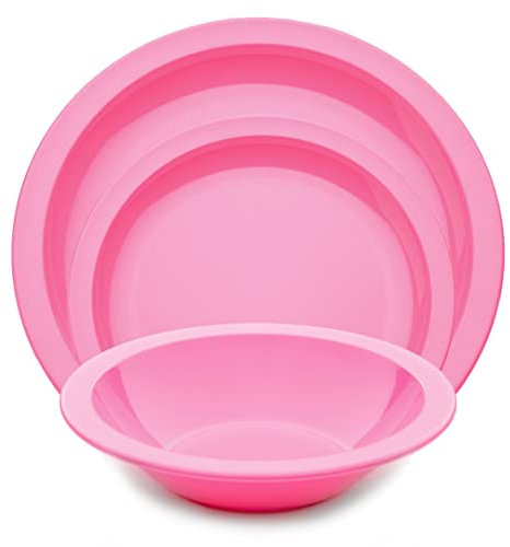 Harfield 3 Piece Tableware Set Dining Plates & Bowl Virtually Unbreakable Reusable Polycarbonate (Pink)