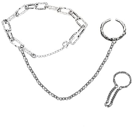 YLWX Sklavenarmband In 925er Silber Für Damen, Verstellbare Handkette Und Ringe, Retro Fingerkette Ring Mit Ohrringen (Color : Silver)