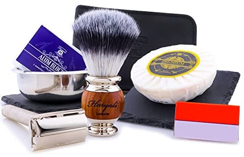 Haryali London Rasierset - Rasierpinsel Vegan - Rasierseife, Rasierschale, Alaunstein - 6 teiliges Nassrasierer Herren damen Rasierset inkl. Rasierklingen Rasierhobel - Lederetui für Rasierhobel