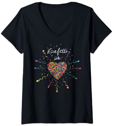 Damen Konfetti im Herz Karneval Fasching Rosenmontag Fasnacht T-Shirt mit V-Ausschnitt