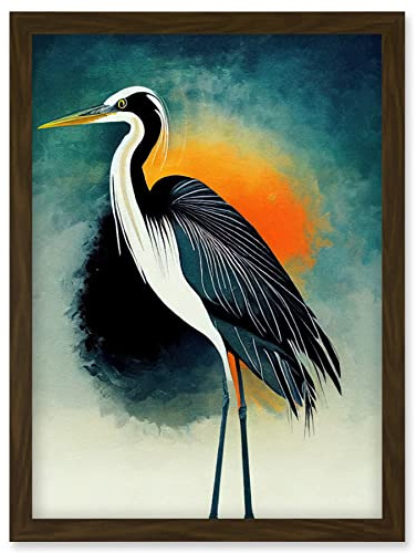 Wee Blue Coo Heron Monochrome Bird Portrait Orange Sunrise Illustration Acrylic Paint Artwork Framed Wall Art Print A4