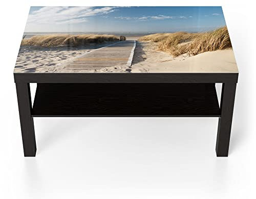 DEQORI Glastisch | schwarz groß 90x50 cm | Motiv Strandaufgang am Meer | ausgefallener Beistelltisch aus Glas | Hochglanz Couchtisch fürs Wohnzimmer | moderner Couch Tisch mit Design