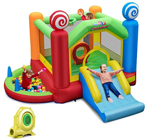 COSTWAY Kids Bouncy Castle, Inflatable Bounce House with 680W Blower, Slide, Basketball Hoop, Ball Pit, Children Blow Up Jumper for Indoor Outdoor (Candy Land Theme)