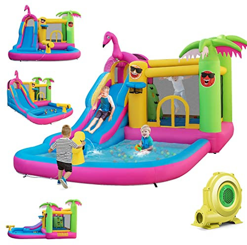 COSTWAY Château Gonflable Tropicale 6 en 1 avec Toboggan Aquatique, Maison de Saut Gonflable avec 50 Balles Océaniques, Thème Flamant, Charge 135kg pour Enfants de 3-10 Ans(avec souffleur 680W)