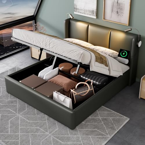 Kayan Polsterbett Doppelbett Stauraum Bettkasten Leselicht mit Ladefunktion Kopfteil, Stauraumbetten Bettgestell PU Jugendbett mit lattenrost, Ohne Matratze (Grau, 160x200 cm)