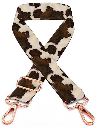 Geldbörsenriemen, rotgoldene Schnallen, breiter Schultergurt, modisch, verstellbarer Ersatzgürtel für Crossbody-Tasche, Handtasche, Bauernhoftiere, braunes Rindsleder, mit Kuhfell-Aufdruck, Large