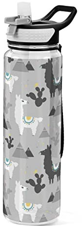 Kcldeci Sport-Trinkflasche mit Strohhalm, schwarz-weiß, Lama, Alpaka, Kaktus, Berge, tragbar, wiederverwendbar, Fitnessstudio, Sport, Outdoor