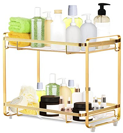 2 Tier Bathroom Organizer Countertop, 2 Tire Vanity Tray Dresser, Bathroom Counter Shelf Gold, Makeup Holder for Dresser, Cosmetic Perfume Kitchen Display Rack with Removable Marble Tray (Gold)