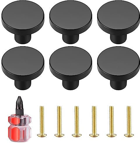 Black Brass Drawer Knobs, Round Kitchen Cabinet Pulls Door Knobs for Chest of Drawers Furniture Cupboard Dresser Wardrobe Door Handles and Knobs, with Screws and Screwdriver - 20x25 mm (6 Pcs)