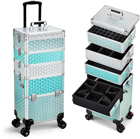 Yueieoun 5-in-1 Professioneller Make-up-Zug Koffer auf Rädern, extra großer Kosmetikkoffer, Aluminium, Rollkoffer, Rollwagen, Make-up, Reise-Organizer mit 360° drehbaren Rädern, Bunt, 5 in 1