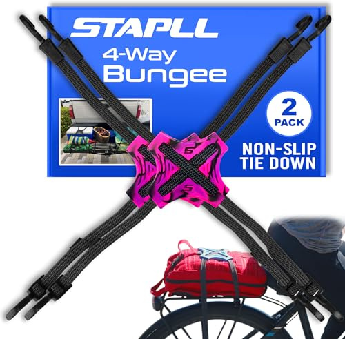 STAPLL Tack Strap – 4-Way Flat Bungee Cord with Rubber Pad Grip, Non-Slip Tie Down Straps for Motorcycle, ATV, Kayak, Cycling, Camping, Truck Storage, Adjustable Bungee Cords - 2 Pack (Black & Pink)
