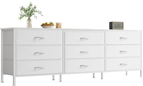 Huuger 63-Zoll-Kommode für Schlafzimmer, Kommode für Schrank mit 9 Schubladen, großer TV-Ständer für 55, 65, 70 Zoll Fernseher, Unterhaltungszentrum mit Stauraum, breite lange Kommode, Weiß