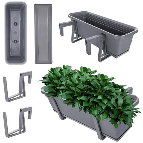 KADAX Jardinière avec soucoupe, avec ou sans supports de jardinière, pot de balcon en plastique, bac à plantes, jardinière de balustrade, pot de fleurs (anthracite, 50 cm + supports)