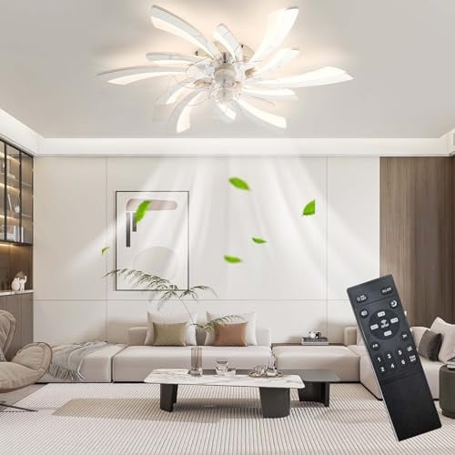 Caufloce LED Deckenventilator Mit Beleuchtung Leise, Modern Dimmbar Ventilator Lampe Smart Reversibel Fernbedienung Schlafzimmer Deckenlampe Ventilator Für Wohnzimmer, Küchen-Weiß