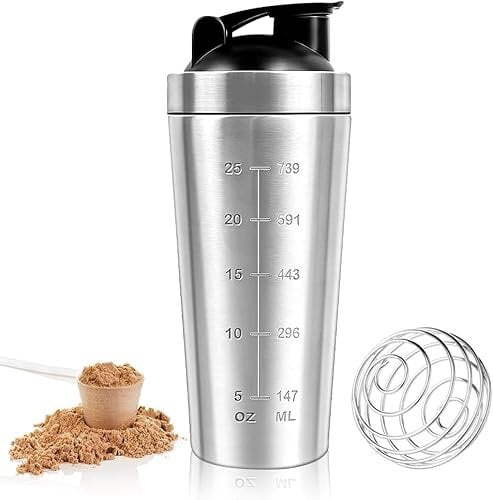 KUWUNG Protein Shaker Bottle 750ml, Stainless Steel Gym Shaker Cup with Mixball, Leak Proof Metal Sports Water Bottle for Men & Women