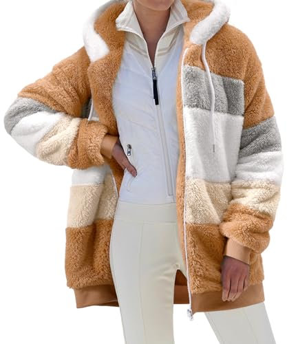 CMTOP Womens Teddy Hoodies Fleece Coats Winter Warm Sherpa Jacket Full Zip Up Hooded Cardigan Fuzzy Sweatshirt Long Sleeves Plush Fluffy Oversized Hoodie Outwear with Pockets, Drawstring(Brown,L)